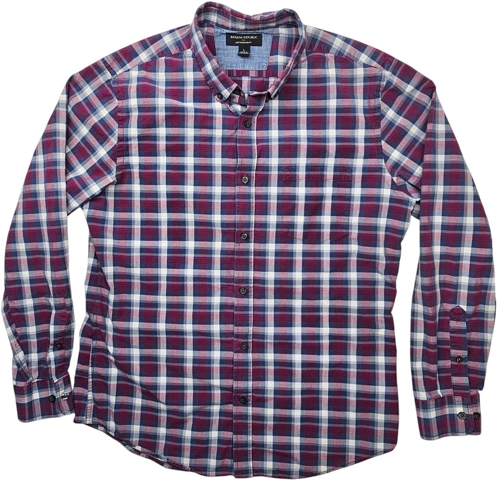 Banana Republic Soft Wash Slim Fit Plaid Button Down Shirt Mens L Burgundy Navy